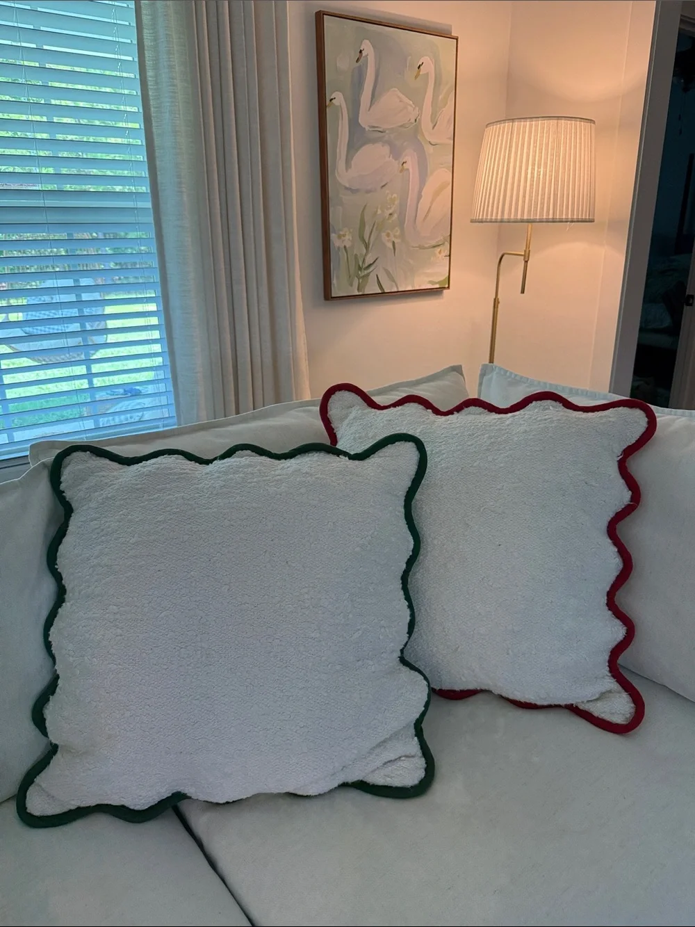 (5)Studio McGee White Holiday Throw Pillows with Red & Green Scalloped Trim